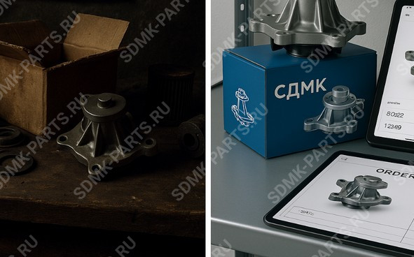 слева — верстак с неправильно подобранной запчастью, справа — порядок на складе с верной деталью
