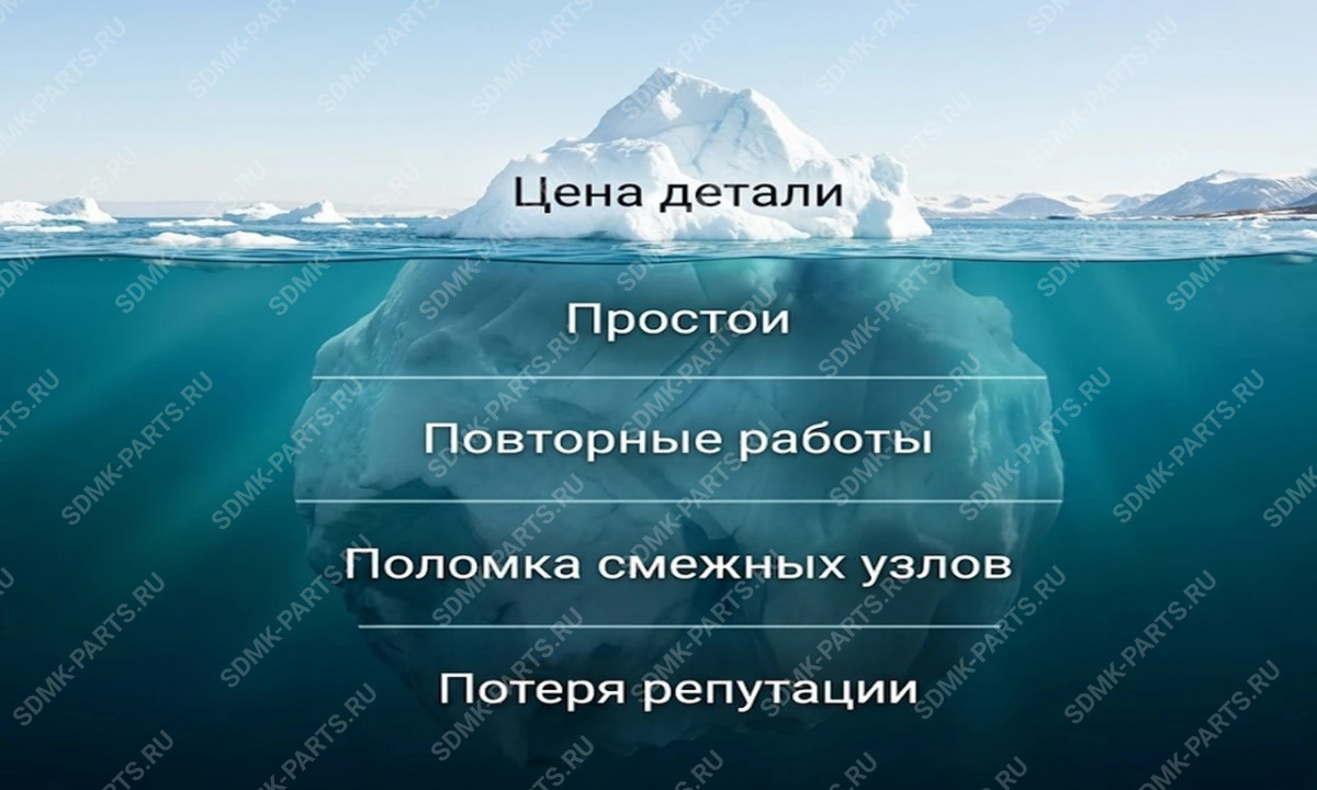 Инфографика айсберга общей стоимости владения (TCO) запчастью для спецтехники.