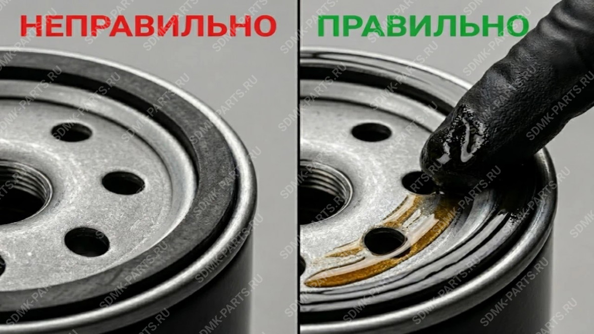 Правильная подготовка масляного фильтра &mdash; смазывание уплотнителя маслом. 